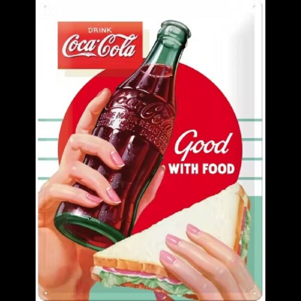 plaque métal publicitaire 30x40cm bombée en relief : Coca-Cola Good with food