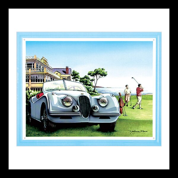Plaque métal publicitaire plate avec relief 38 x 30 cm : Jaguar XK 120 Golf