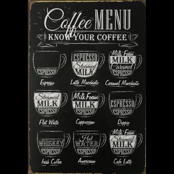 Plaque métal plate 20 x 30 cm : COFFEE MENU