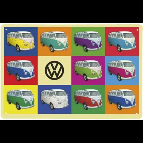 Plaque métal en relief bombée 20 x 30 cm : VW Combi multicolore