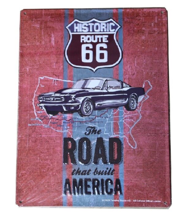 Plaque métal publicitaire 30x40 cm bombée en relief : HISTORIC ROUTE 66 - Ford Mustang – Image 2