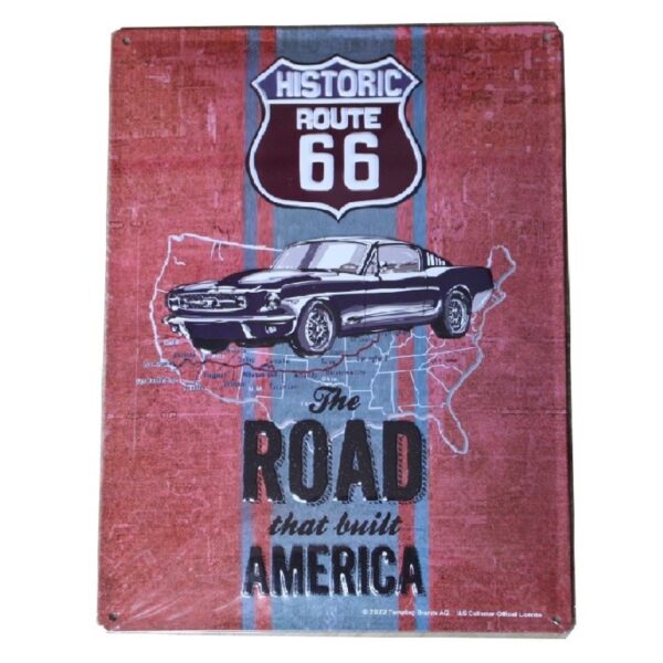 Plaque métal publicitaire 30x40 cm bombée en relief : HISTORIC ROUTE 66 - Ford Mustang