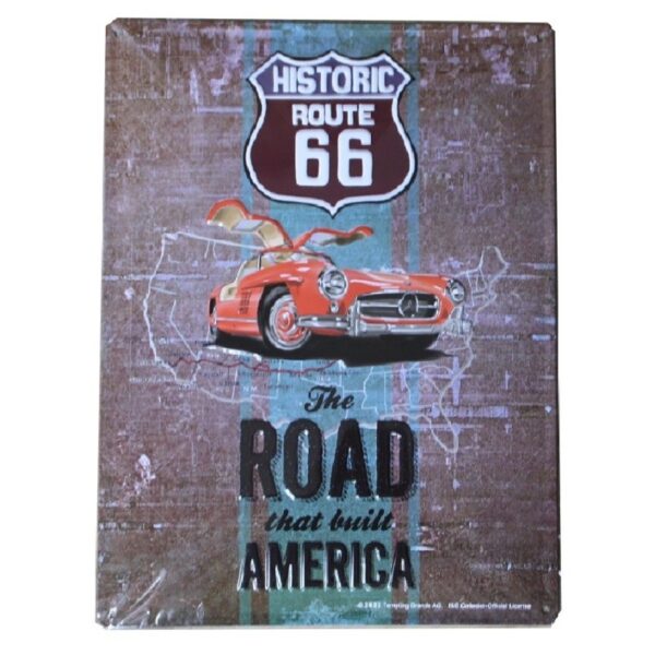 Plaque métal publicitaire 30x40 cm bombée en relief : HISTORIC ROUTE 66 - Mercedes 300SL