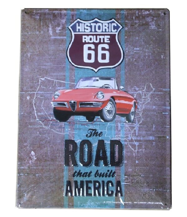 Plaque métal publicitaire 30x40 cm bombée en relief : HISTORIC ROUTE 66 - Alpha Romeo – Image 2