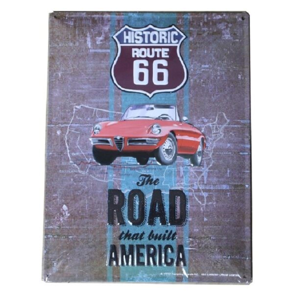 Plaque métal publicitaire 30x40 cm bombée en relief : HISTORIC ROUTE 66 - Alpha Romeo