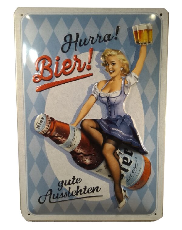 Plaque métal publicitaire 30x20 cm bombée en relief : HURRA ! BIER ! – Image 2