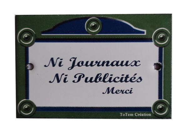 Plaque de porte émaillée plate de 10,5 x 7cm : NI JOURNAUX NI PUBLICITE – Image 2