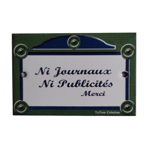 Plaque de porte émaillée plate de 10,5 x 7cm : NI JOURNAUX NI PUBLICITE