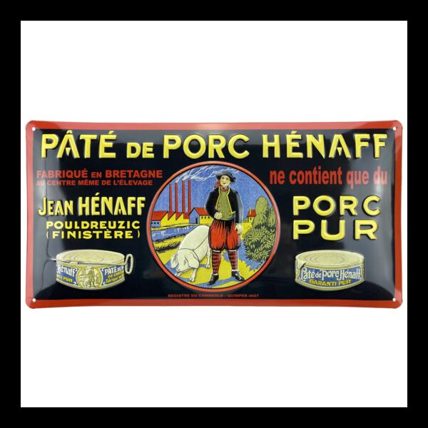 Plaque métal 20x40 cm bombée avec relief : Pâté de porc Hénaff 1930