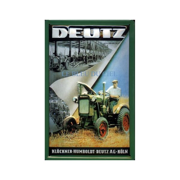 Plaque métal publicitaire 20x30cm bombée en relief : Tracteur DEUTZ.