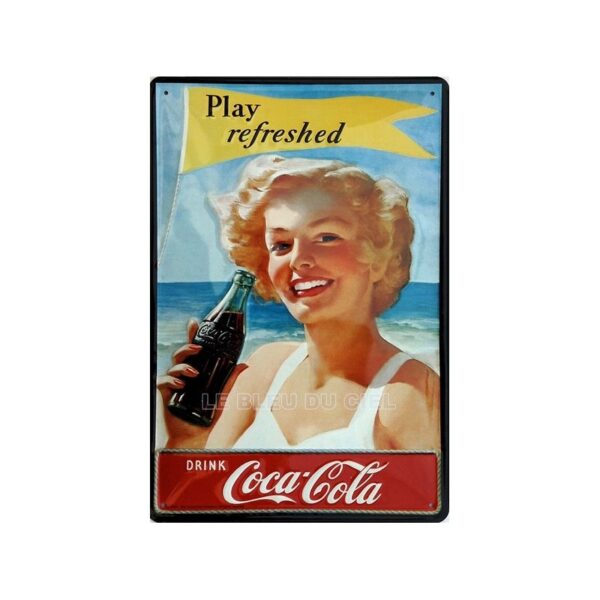 plaque métal publicitaire 20x30cm bombée en relief : Coca Cola Play Refresh.