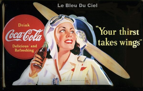 Plaque métal publicitaire 20 x 30 cm bombée relief : Coca Cola aviatrice – Image 2