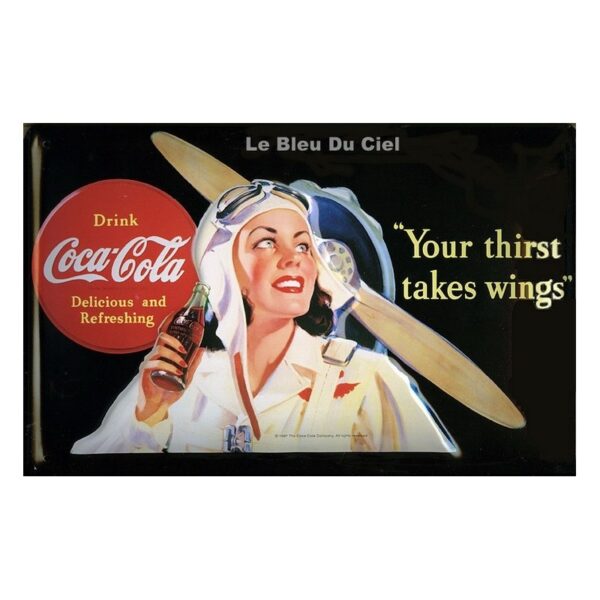 Plaque métal publicitaire 20 x 30 cm bombée relief : Coca Cola aviatrice