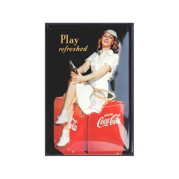 Plaque métal publicitaire 20x30 cm bombée en relief : Play Refreshed Coca Cola