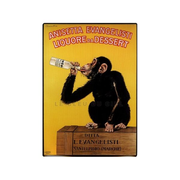 Plaque métal publicitaire 15x21cm bombée : Liqueur Anisetta Evengelisti.