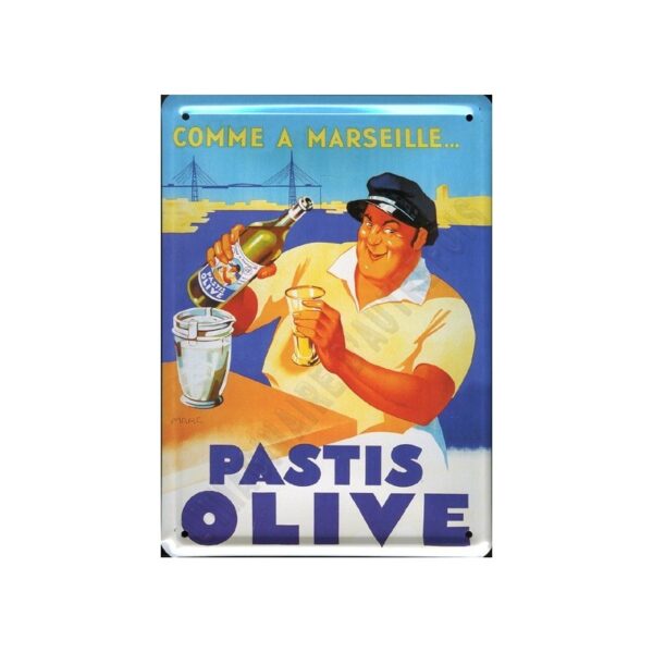 Plaque métal publicitaire 15x21cm bombée : Pastis Olive