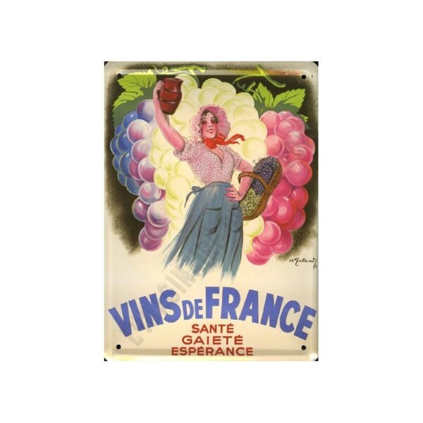 Plaque métal publicitaire 15x21cm bombée : Vins de France