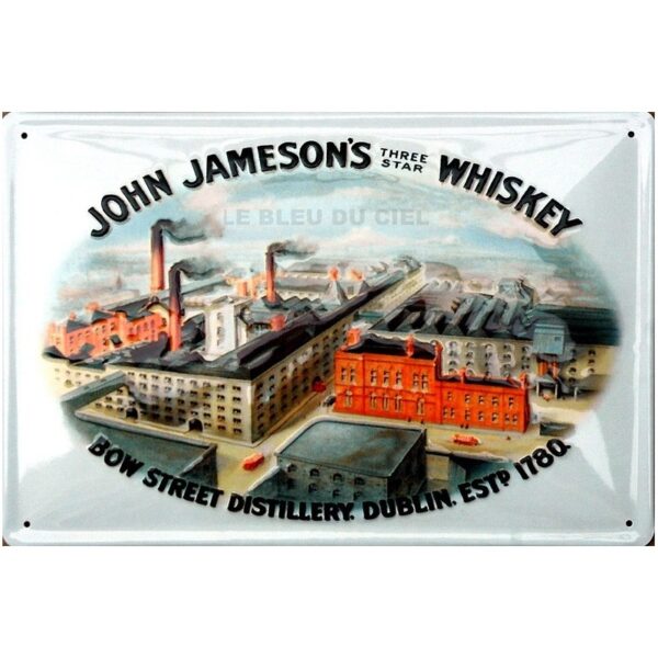 Plaque métal publicitaire 20x30 cm bombée en relief : JOHN JAMESON'S Distiller.