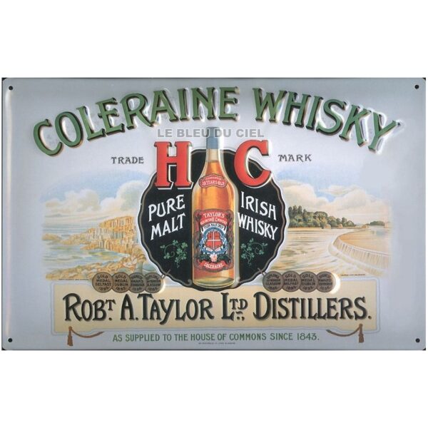 Plaque métal publicitaire 20x30 cm bombée en relief : Coleraine Whisky.