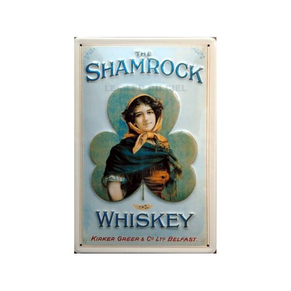 Plaque métal publicitaire 20x30cm bombée en relief : The Shamrock Whiskey.