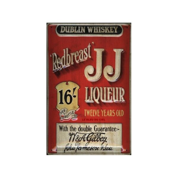 Plaque métal publicitaire 20x30 cm bombée en relief : J.J liqueur Whisky Dublin