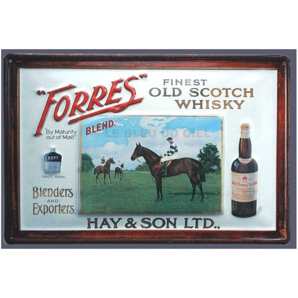 Plaque métal publicitaire 20x30 cm bombée en relief : Forest Finest old Whisky.