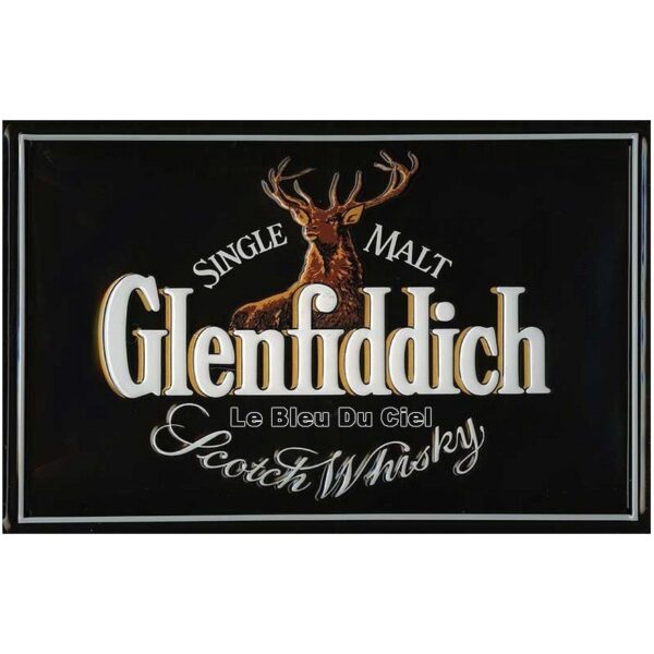 Plaque métal publicitaire 20x30 cm bombée en relief : Glenfiddich Whiskey.