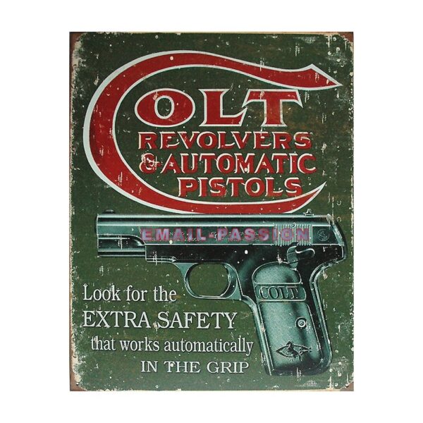 Plaque métal publicitaire : 30x40 cm plate : Révolver Colt Extra Safety