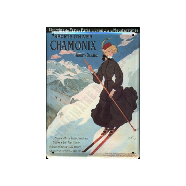 Plaque métal publicitaire 15x21cm bombée : Chamonix Skieuse.