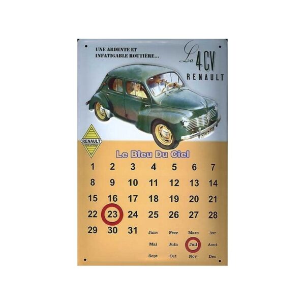 Calendrier métal publicitaire 20x30cm bombé en relief : Renault 4 CV