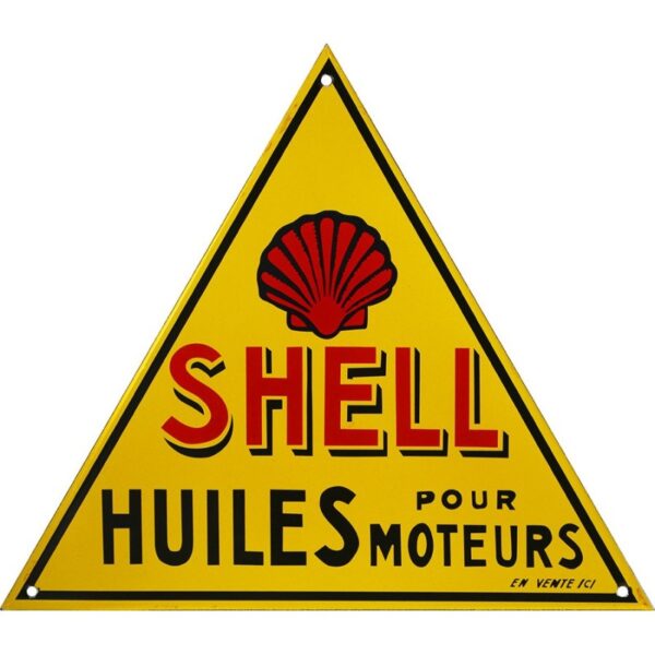 Plaque émaillée, triangle huiles pour moteur Shell de 30 x 35 cm