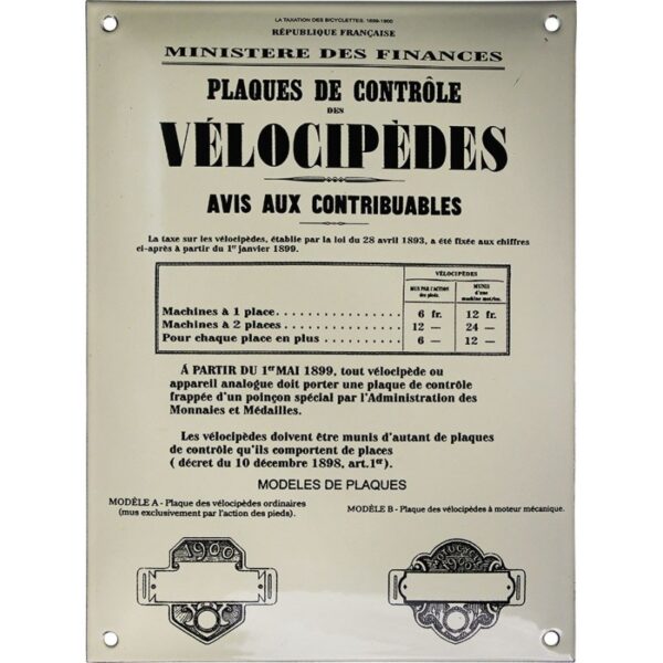 Plaque émaillée : CONTRÔLE DES VÉLOCIPÈDES.