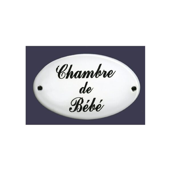 Plaque de service émaillée bombée de 9 x 5,5 cm : CHAMBRE DE BÉBÉ.