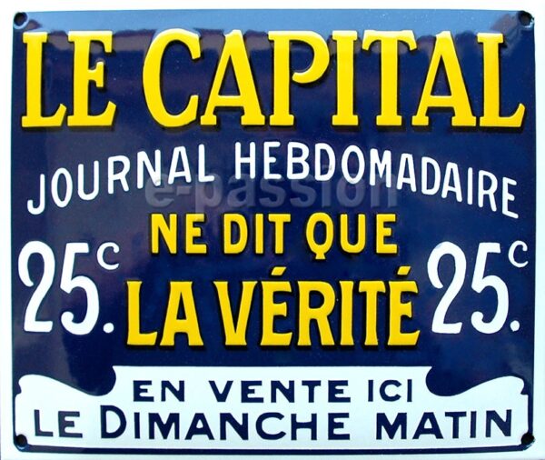 Plaque émaillée bombée relief, faite au pochoir Le Capital dim : 22x27cm – Image 2