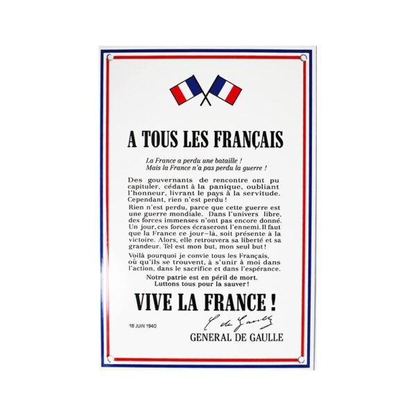 Plaque émaillée 20 x 30 cm : APPEL DU 18 JUIN.