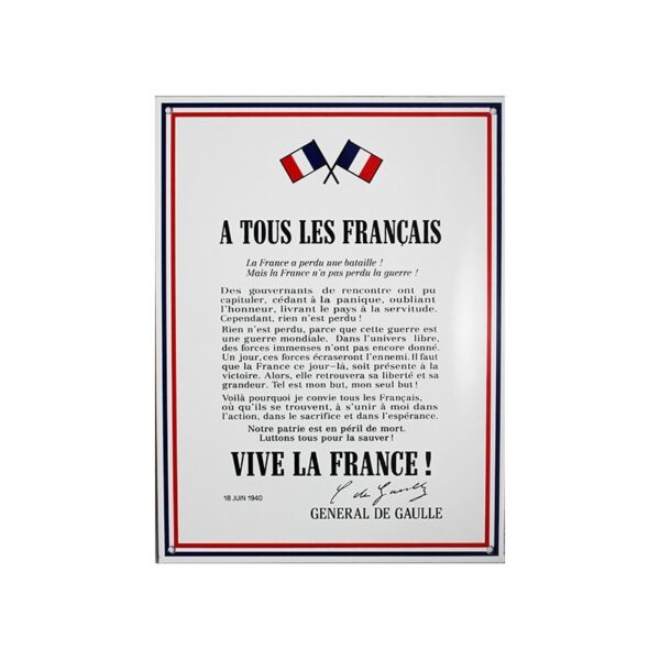 Plaque émaillée 30 x 40 cm : APPEL DU 18 JUIN