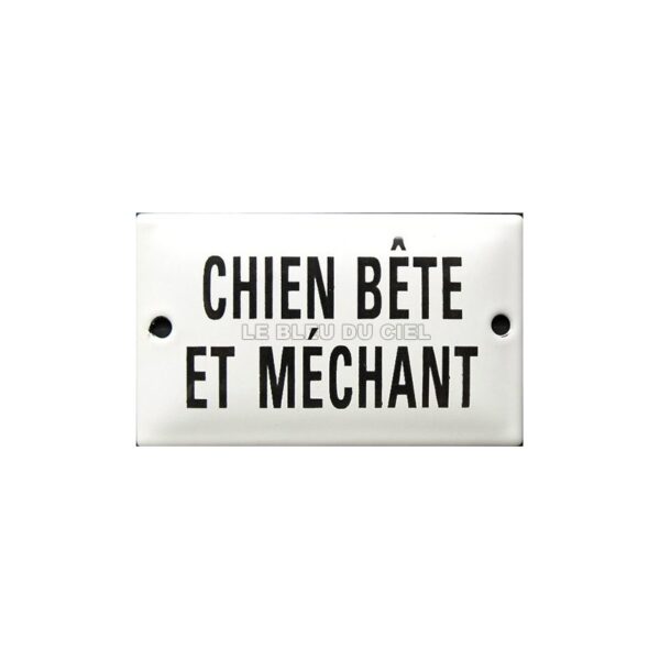 Plaque humoristique émaillée plate liseré 6x10cm CHIEN BÊTE et MECHANT
