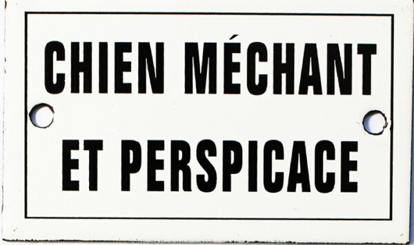 Plaque humoristique émaillée plate 6x10cm : CHIEN MECHANT ET PERSPICACE – Image 2