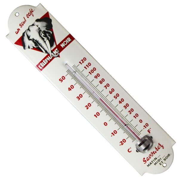 Thermomètre émaillé bombé hauteur 30cm : CAFÉ L' ÉLÉPHANT NOIR