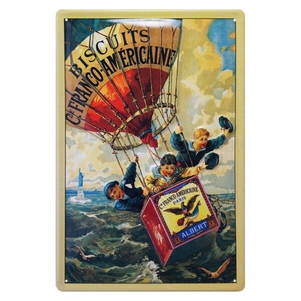 Plaque métal publicitaire 20x30 cm bombée en relief : Biscuits Franco Américain