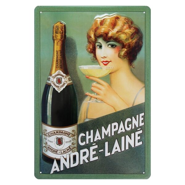 Plaque métal publicitaire 20x30cm bombée en relief : Champagne André Lainé.