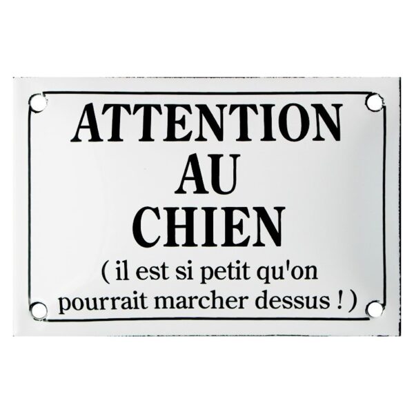 Plaque humoristique émaillée bombée 10x15cm ATTENTION AU CHIEN (il est si petit...)