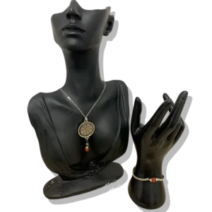 DUO PENDENTIF ANTI ONDE METAL ET PIERRE CORNALINE RUBANEE AVEC SON BRACELET ASSORTI
