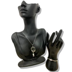 DUO PENDENTIF ANTI ONDE METAL ET PIERRE QUARTZ ROSE AVEC SON BRACELET ASSORTI