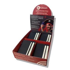 Présentoir de 8 Protège CB Barrière RFID en cuir 4 cartes bleu nuit