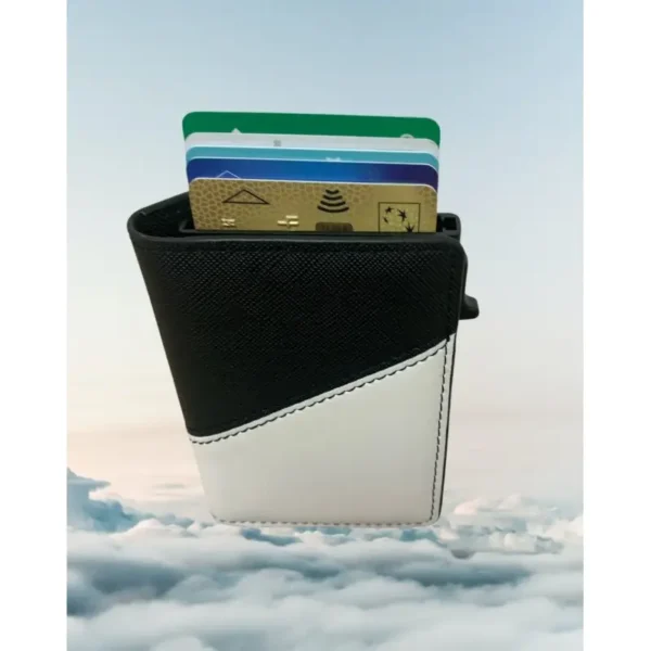 Portefeuille Barrière RFID Métal & Cuir PU PATCHWORK NOIR ET BLANC – Image 4