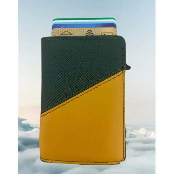Portefeuille Barrière RFID Métal & Cuir PU PATCHWORK VERT ET JAUNE – Image 3