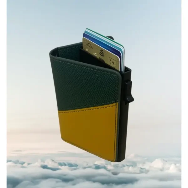 Portefeuille Barrière RFID Métal & Cuir PU PATCHWORK VERT ET JAUNE – Image 5