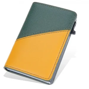Portefeuille Barrière RFID Métal & Cuir PU PATCHWORK VERT ET JAUNE