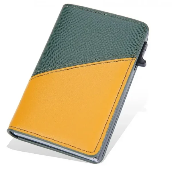 Portefeuille Barrière RFID Métal & Cuir PU PATCHWORK VERT ET JAUNE